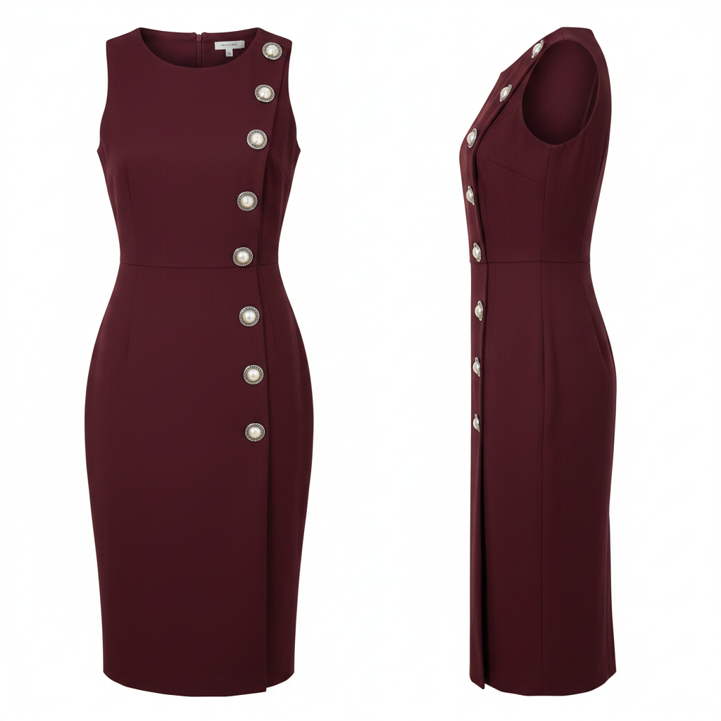 Women's Burgundy Diagonal Button Pinafore Midi Dress – Ghost Mannequin Front and Side View