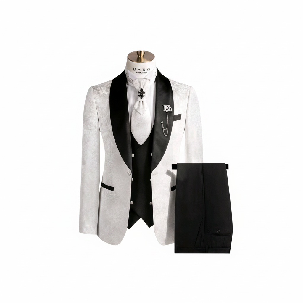 Men's white floral jacquard 3-piece formal suit ghost mannequin front view