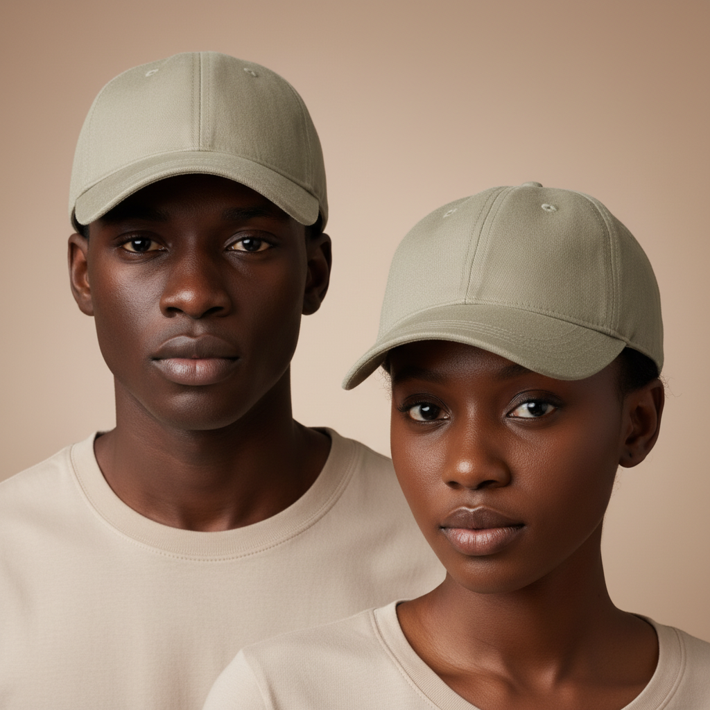 Nigerian male and female models wearing plain light khaki beige baseball cap