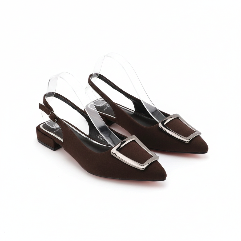 Women's dark brown suede pointed-toe slingback flat with silver buckle - ghost mannequin