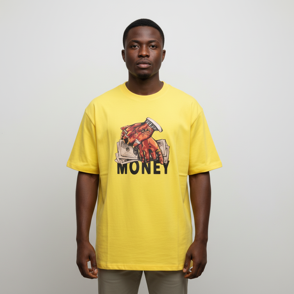 Model wearing the yellow cash grab oversized t-shirt