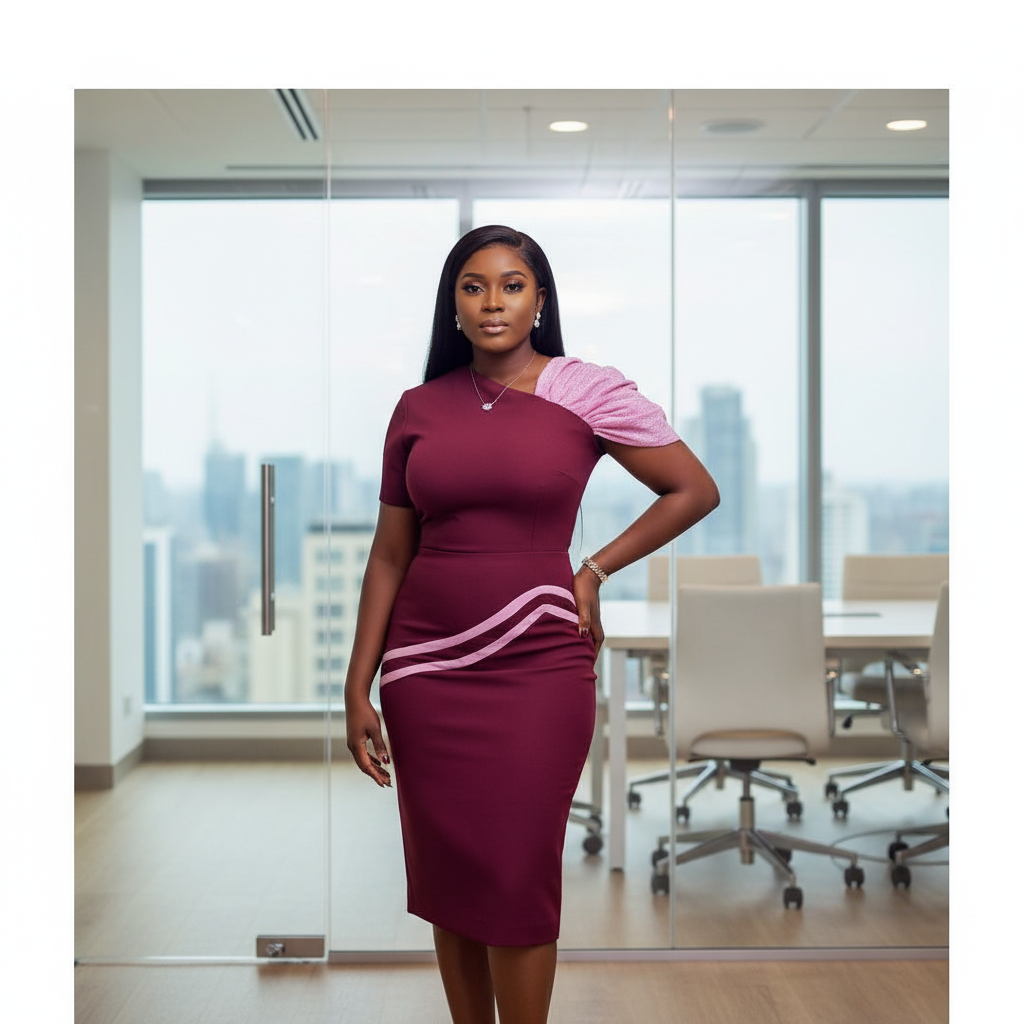 Nigerian female model in corporate office setting wearing Women's Burgundy & Pink Two-Sleeve Puff Top & Wave-Stripe Midi Skirt Co-Ord Set