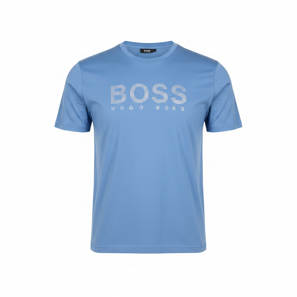 Ghost mannequin front view of sky blue rhinestone text T-shirt