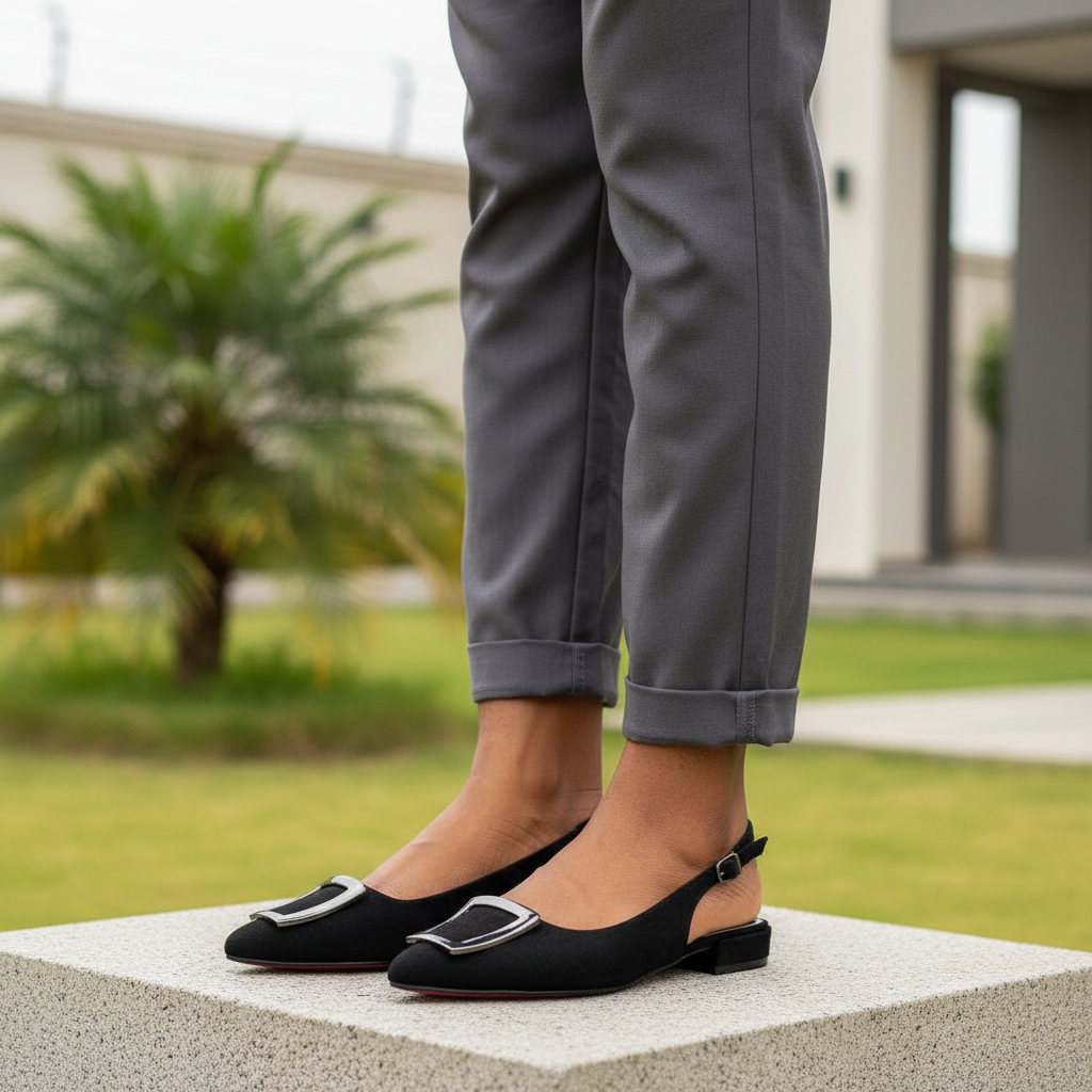 Women's black suede pointed-toe slingback flat - Nigerian female model leg focus