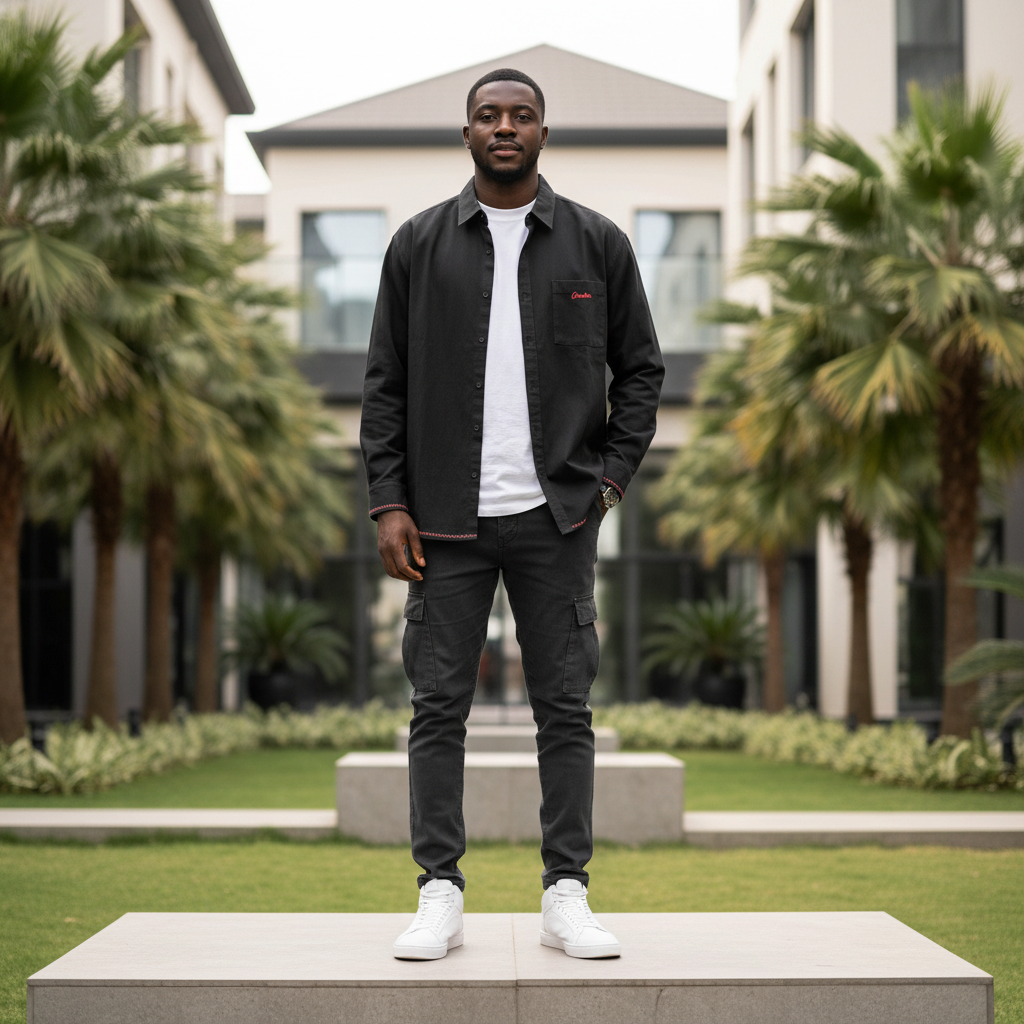 Nigerian male model wearing men's black embroidered logo chevron hem long-sleeve shirt streetwear style