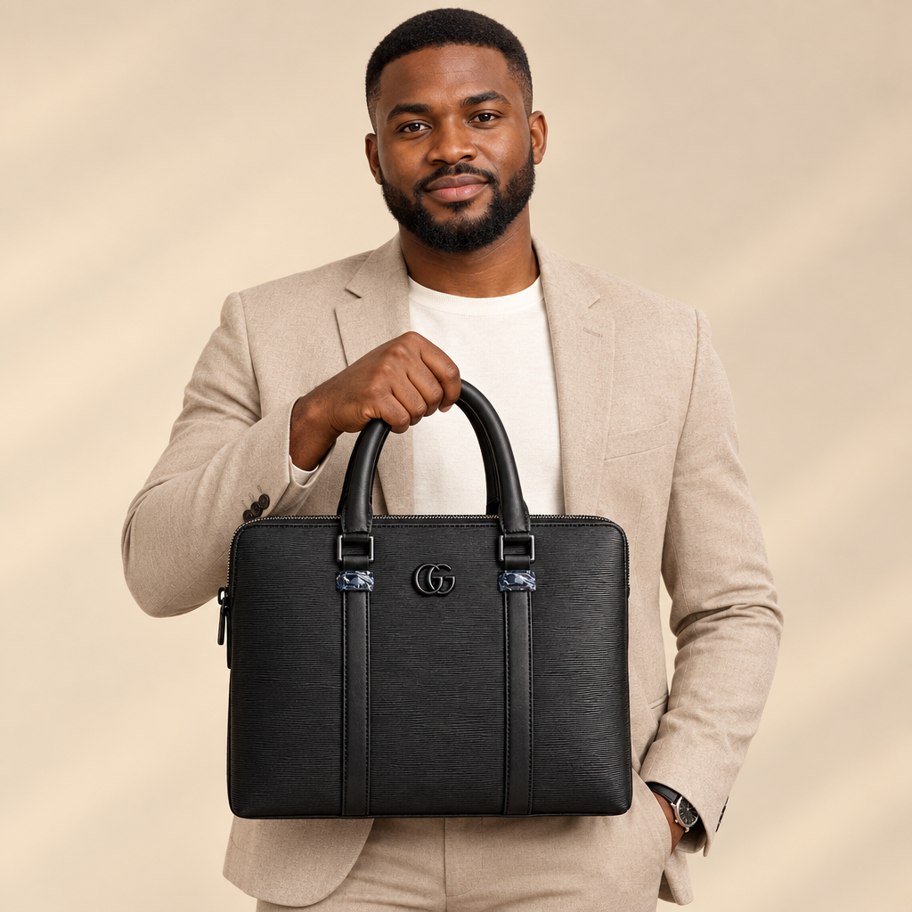 Adult model holding a black ribbed top-handle bag