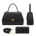 Black handbag front and side views with matching wallet and shoulder strap