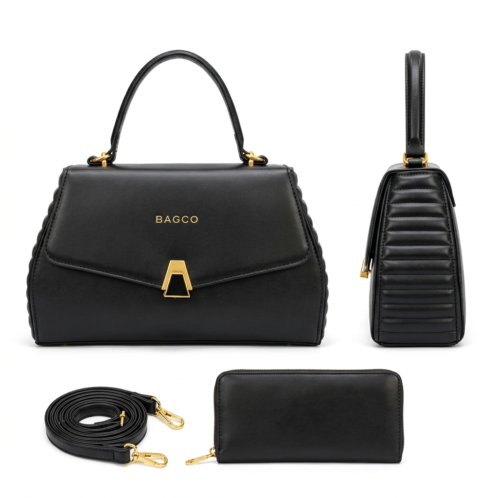 Black handbag front and side views with matching wallet and shoulder strap
