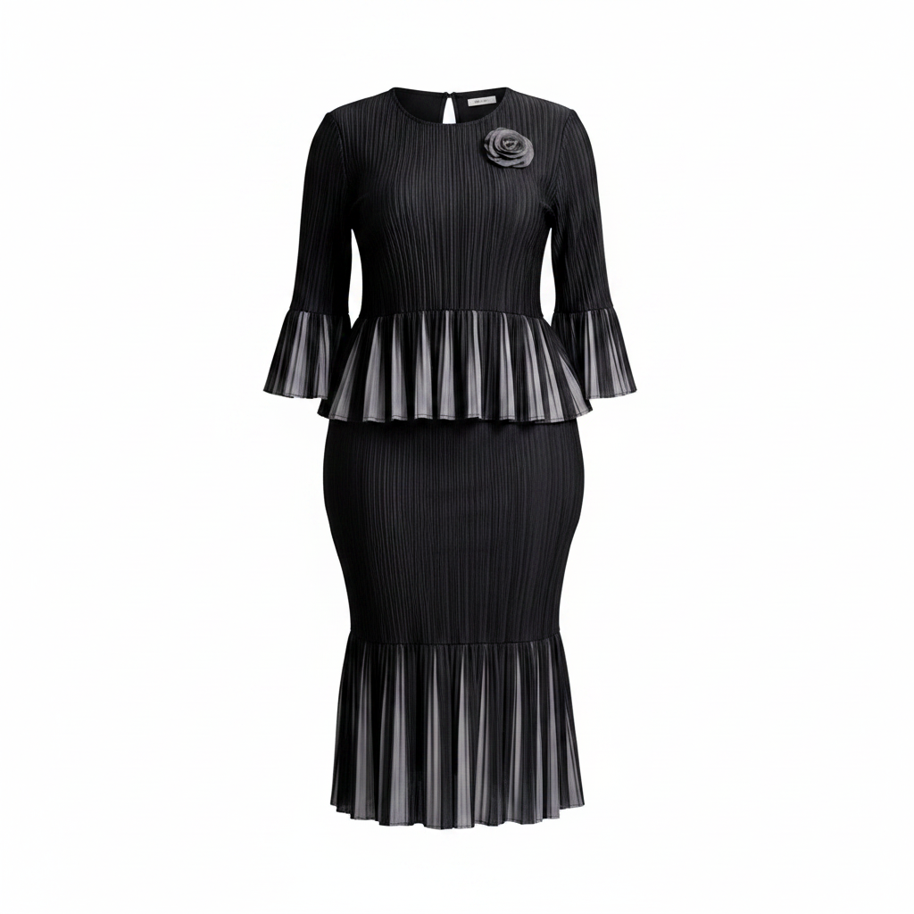 Women's black pleated peplum blouse and midi skirt co-ord set ghost mannequin view on white background