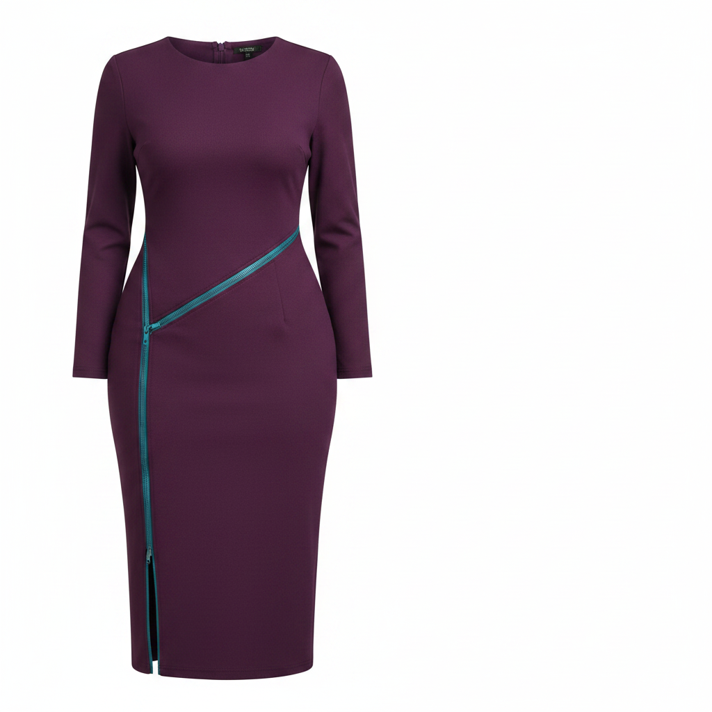 Ghost mannequin view of Women's Plum Purple Long-Sleeve Bodycon Midi Dress with Zip Detail