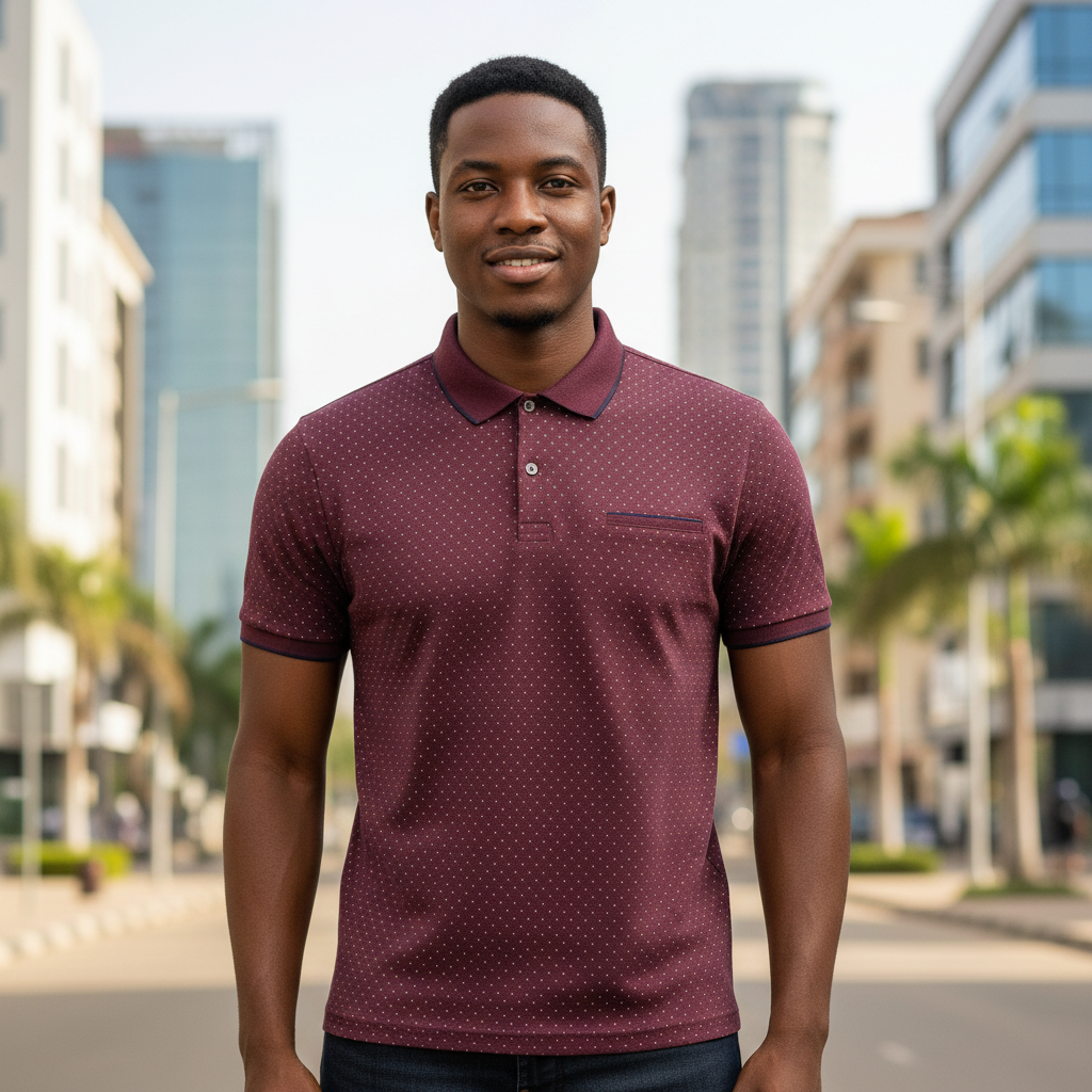 Young Nigerian male model wearing burgundy polka dot pocket polo shirt