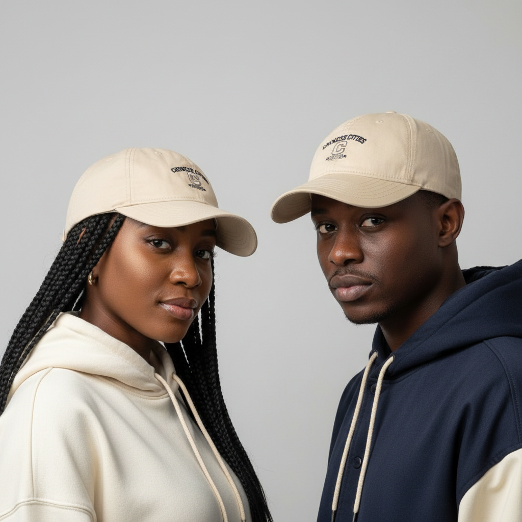 Nigerian male and female models wearing cream beige collegiate dad cap with navy embroidery