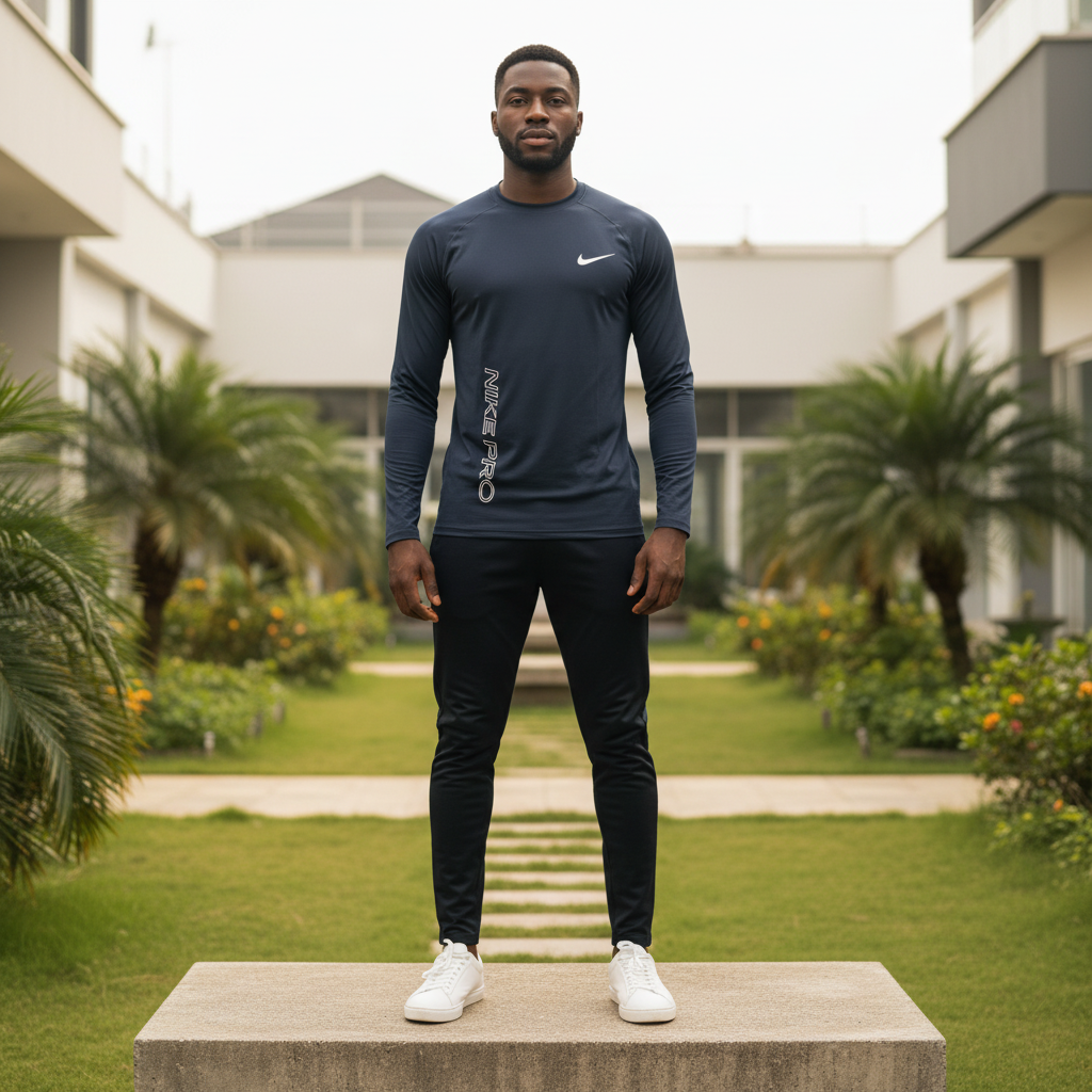 Men's Navy Blue Long-Sleeve Athletic Performance Shirt – Nigerian Male Model