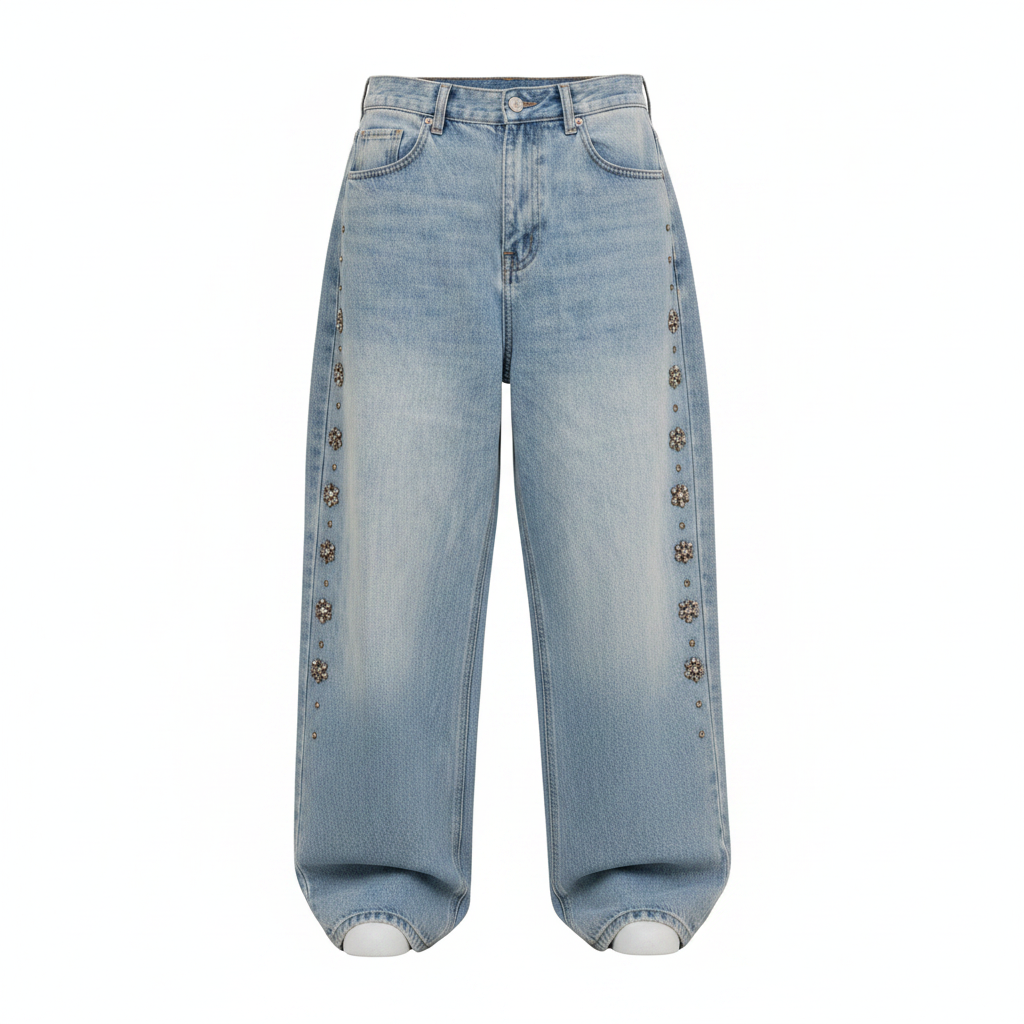 Men's light blue baggy wide-leg side seam rhinestone stud denim jeans ghost mannequin front view
