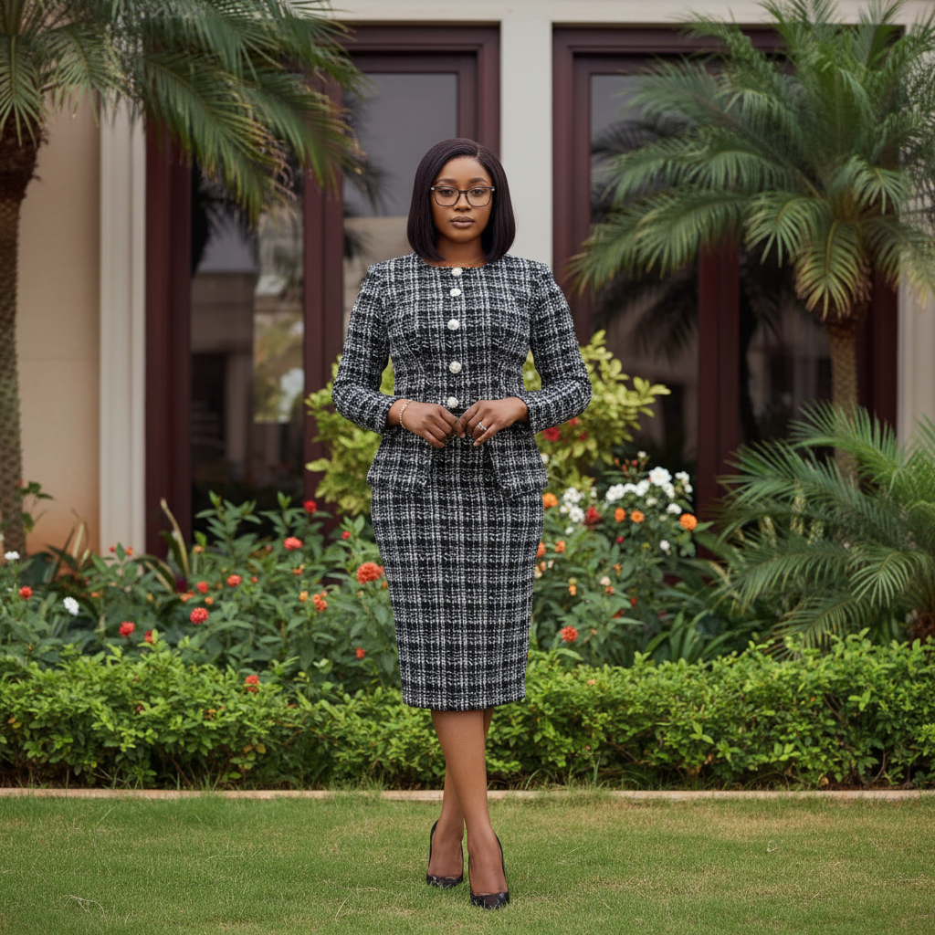 Nigerian female model wearing black and white tweed long sleeve pearl button co-ord set