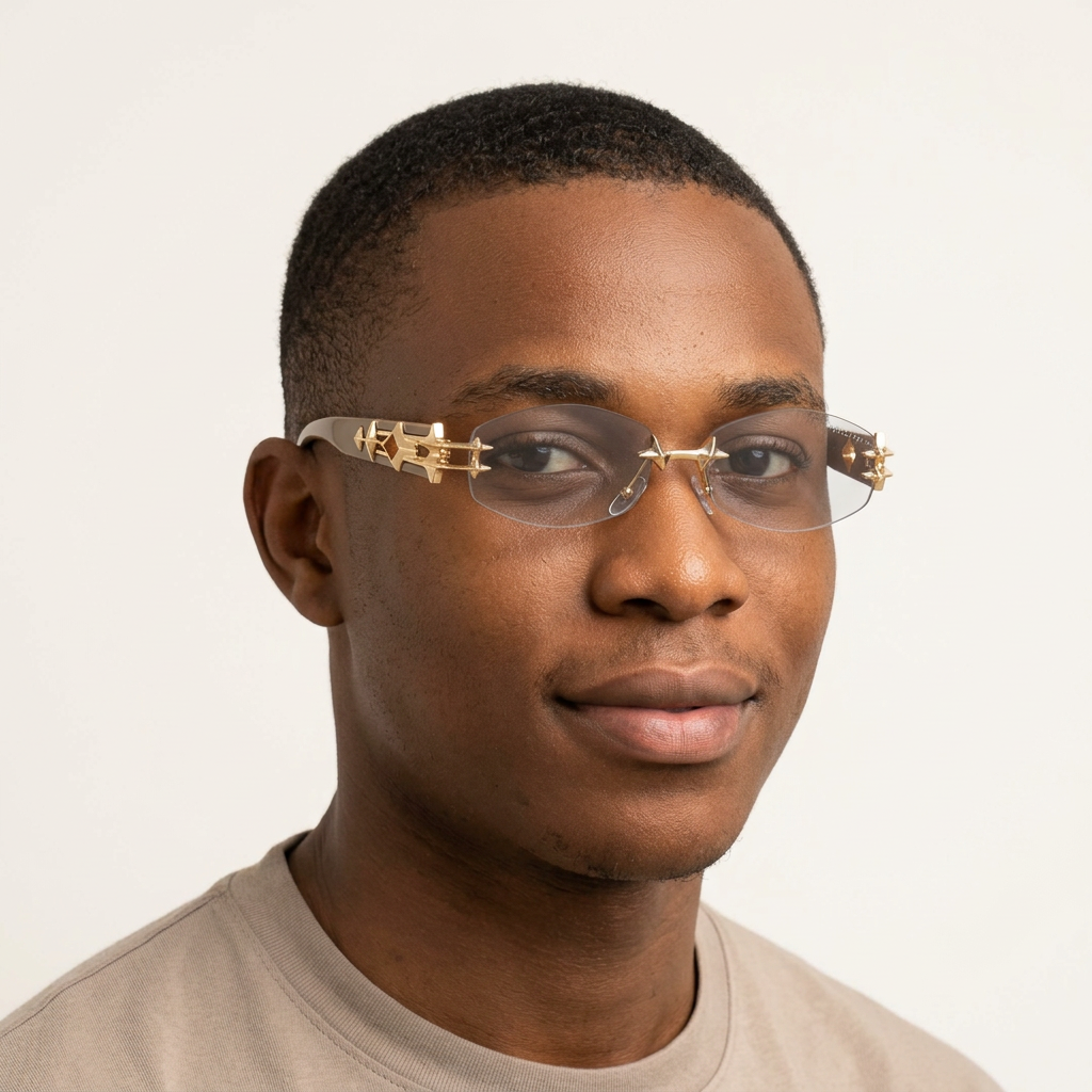 Light smoke rimless gold-tone link glasses worn by a male model