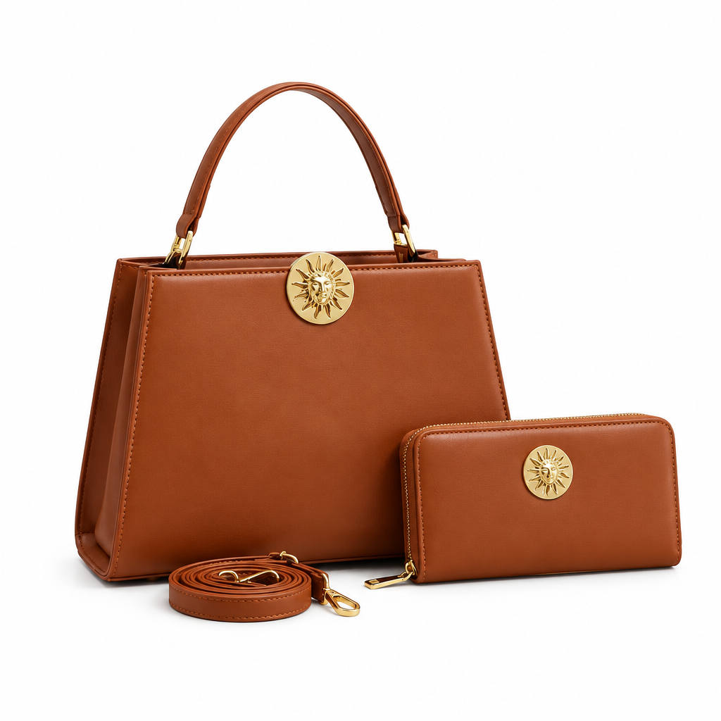 Cognac sunburst-clasp handbag with matching wallet and strap