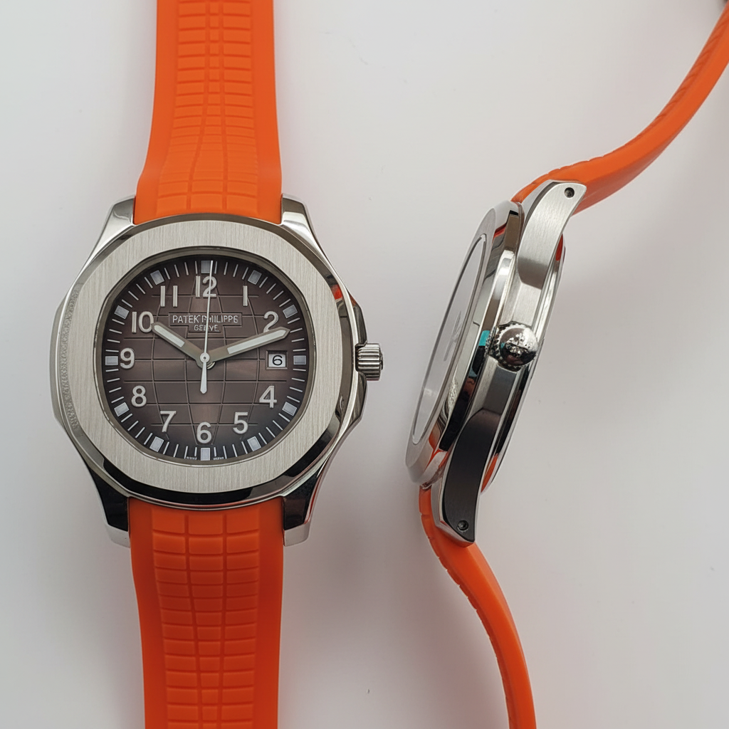 Silver cushion case brown dial orange rubber strap men's watch front and side view