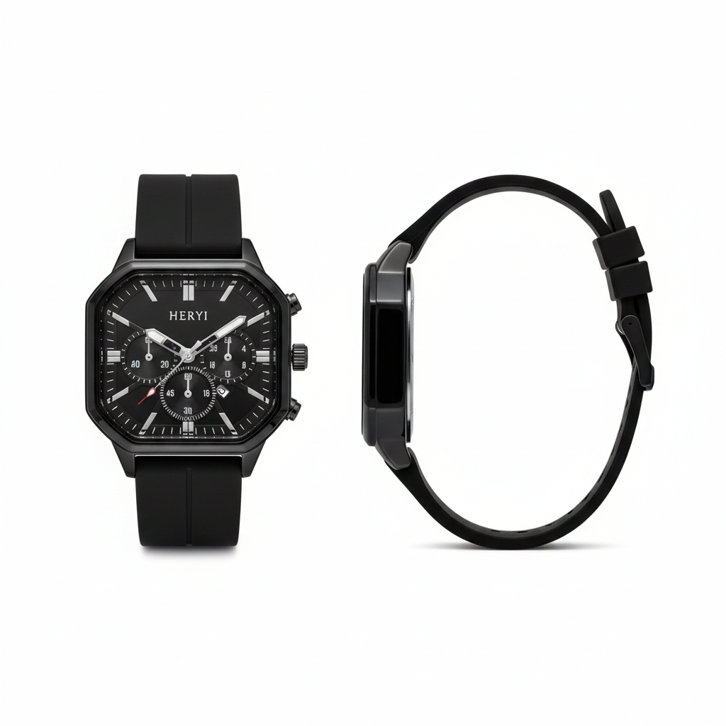 Full black multi-dial square watch shown from the front and side on a white background