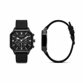 Full black multi-dial square watch shown from the front and side on a white background