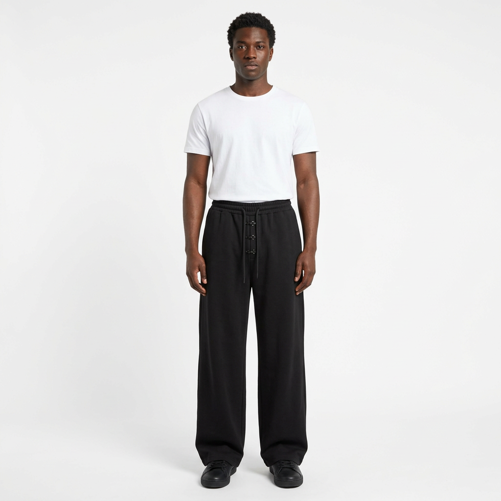 Full-body adult Black man wearing black wide-leg drawstring trousers
