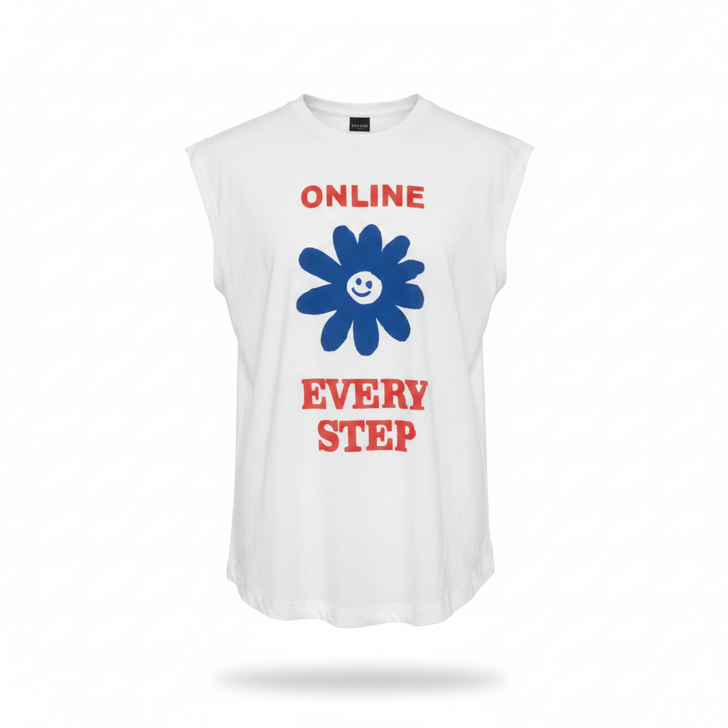 White Online Every Step graphic sleeveless vest on ghost mannequin, white background