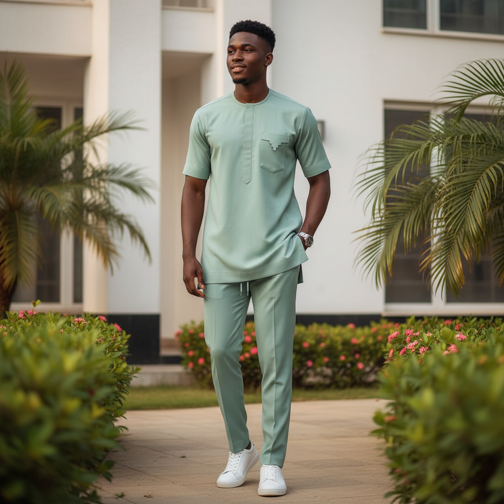Model wearing sage green zigzag-pocket senator set