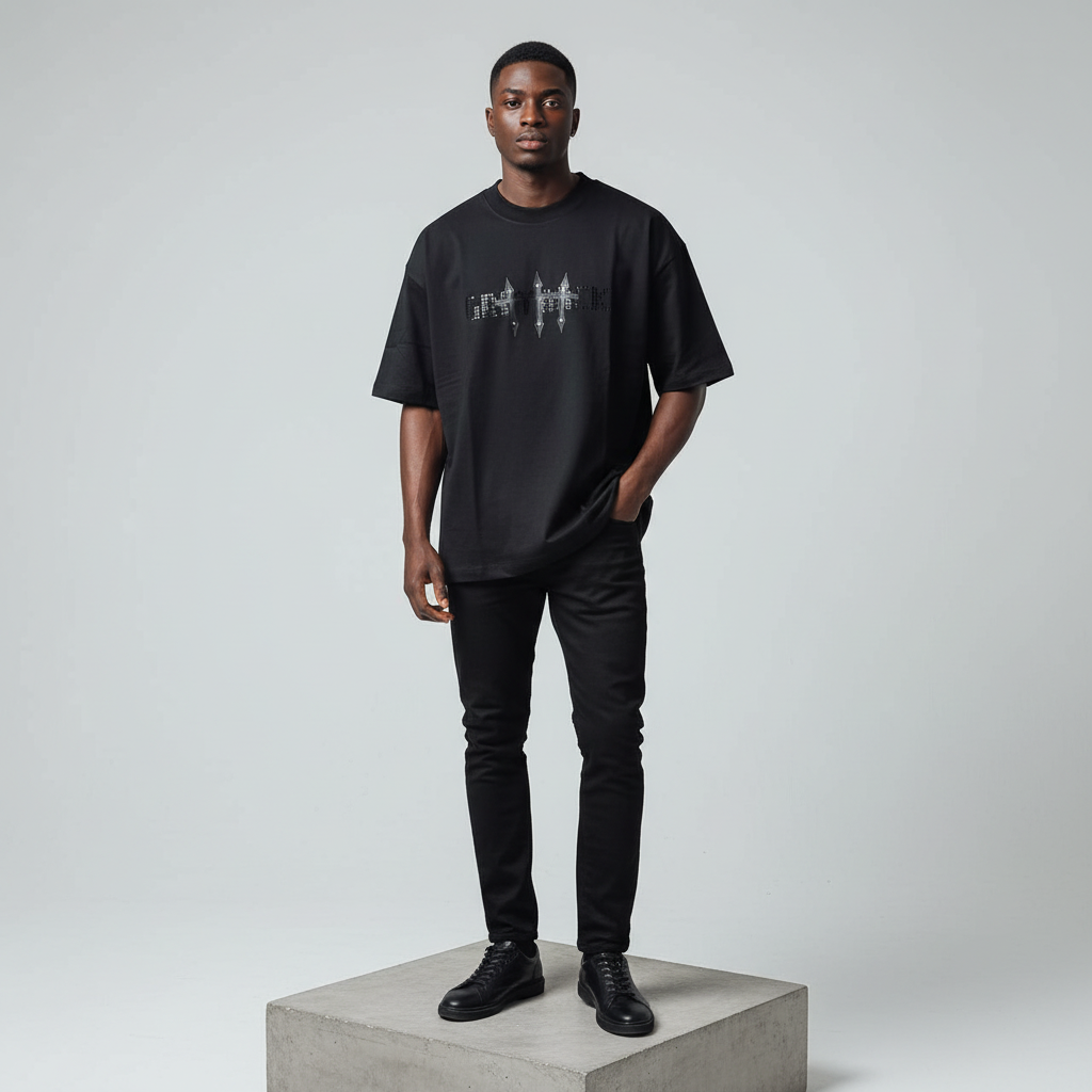 Black Grimmark Gothic Graphic Oversized Tee - Model Front