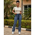 Women's navy blue silver mirror stud embellished jeans — Nigerian female model lifestyle shot