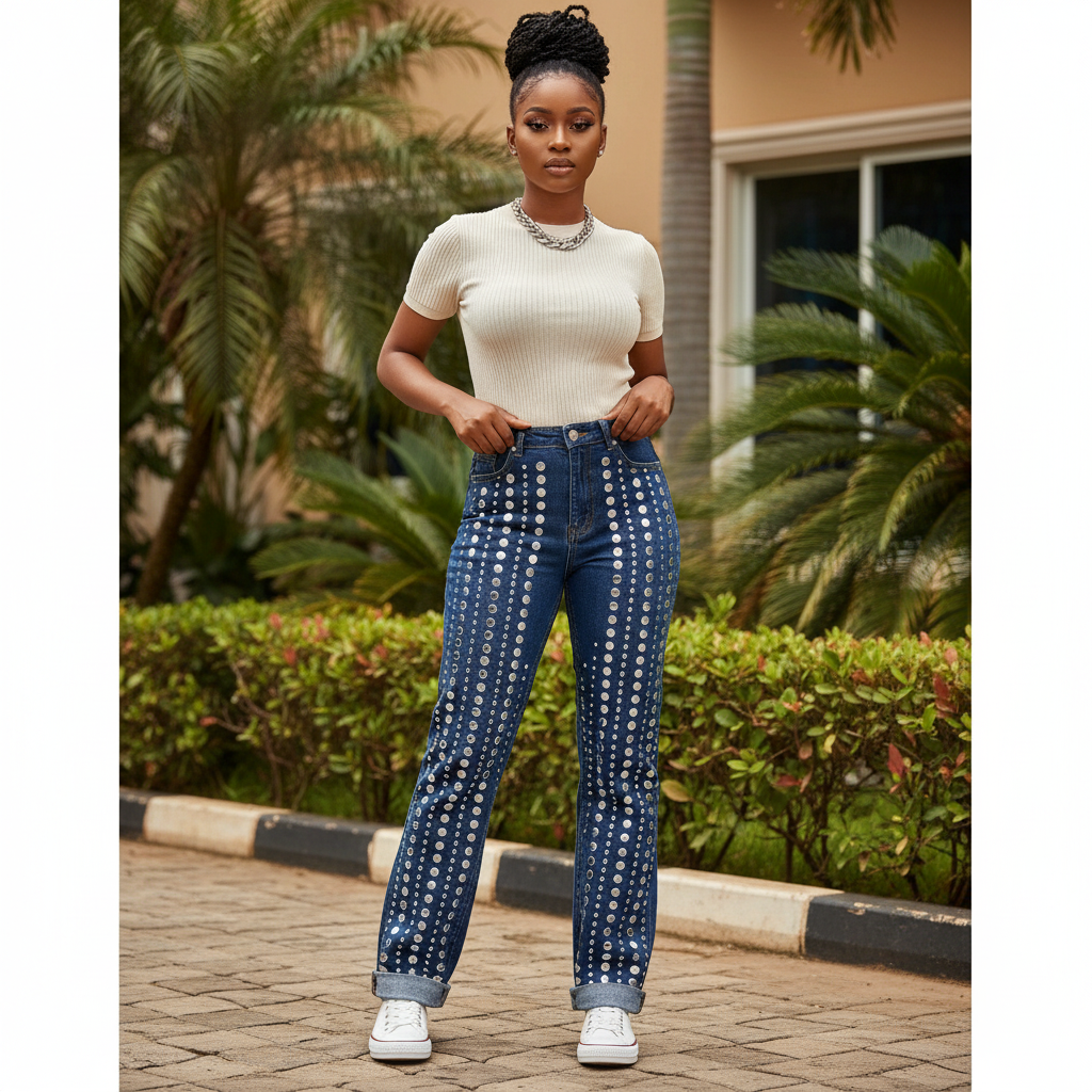 Women's navy blue silver mirror stud embellished jeans — Nigerian female model lifestyle shot