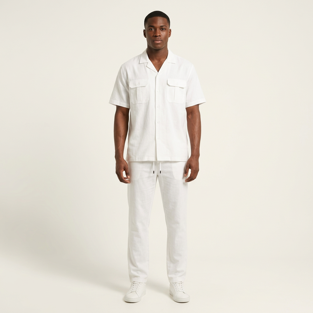 Male model wearing a white twin-pocket shirt and matching trousers against an off-white studio background