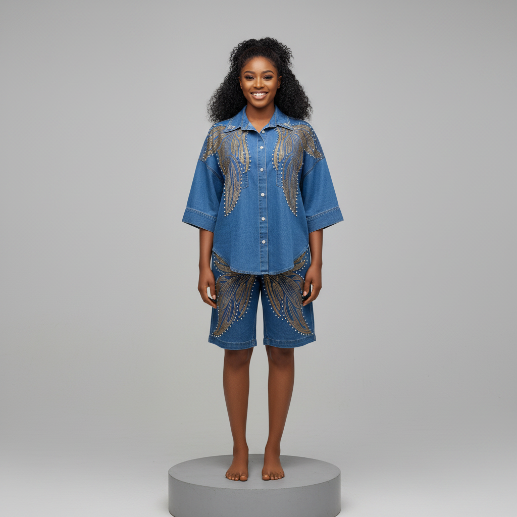 Nigerian female model wearing Blue Denim Rhinestone Pearl Embellished Co-ord Set - front view