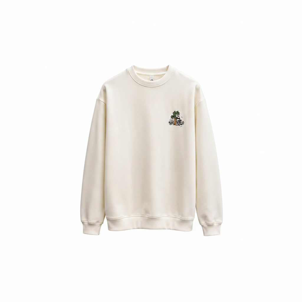 Unisex white sweatshirt with small tropical palm tree scene chest graphic – ghost mannequin front view
