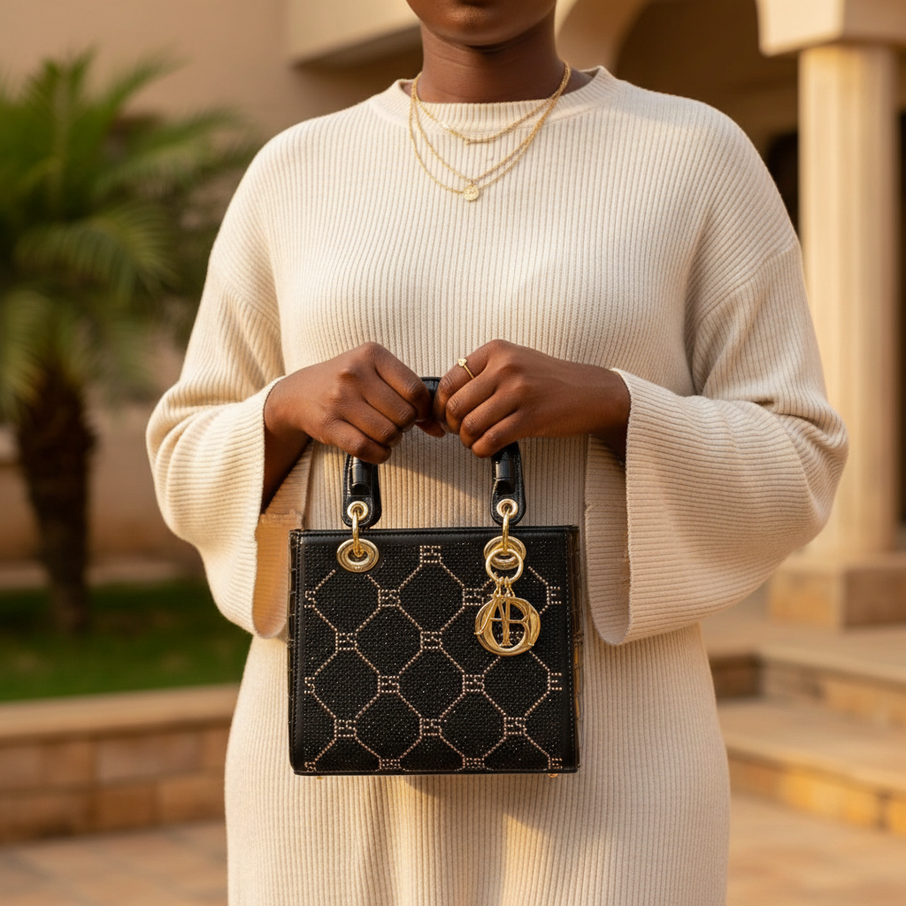 Women's Black Rhinestone Crystal Structured Tote Bag – Nigerian Model Hand Shot