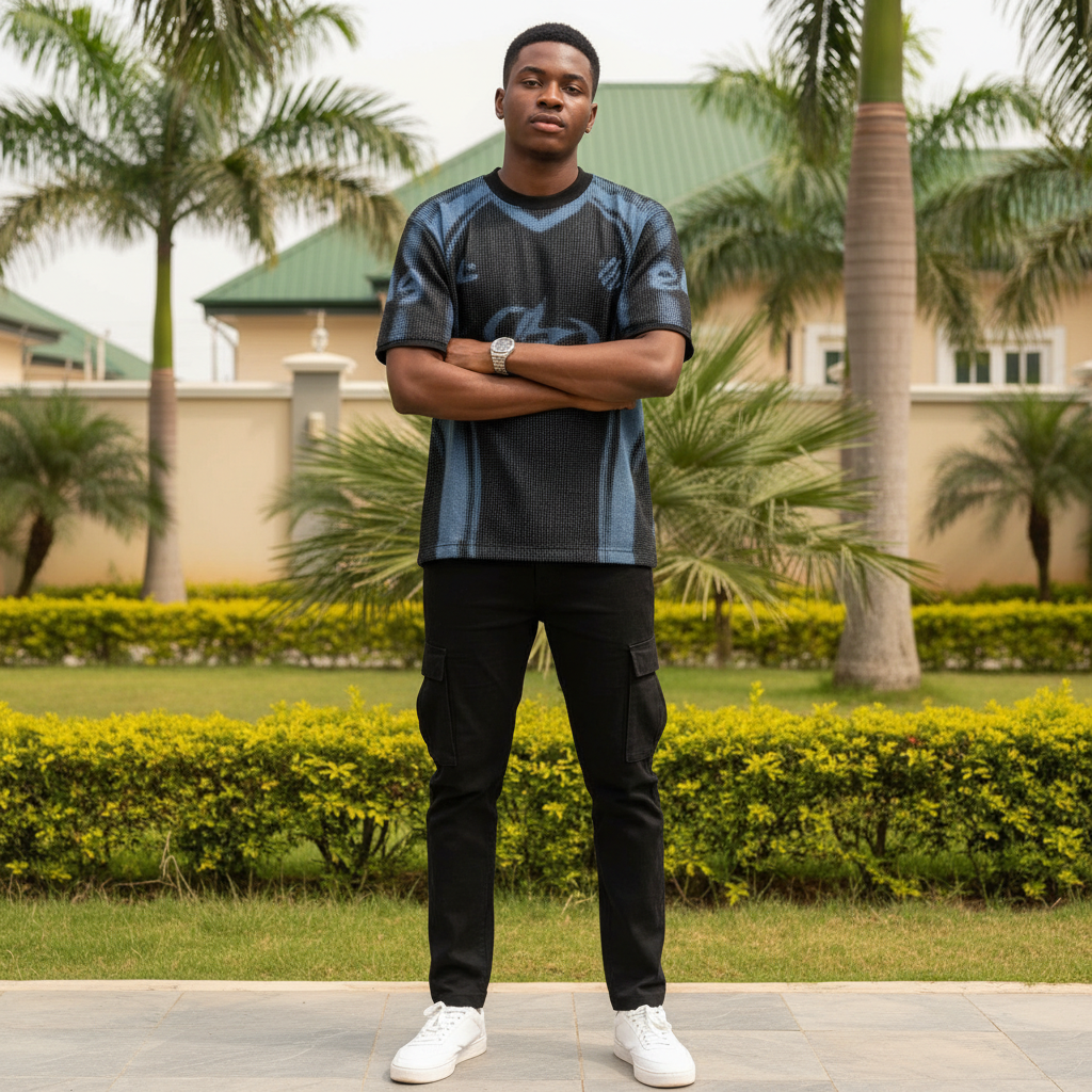 Nigerian male model wearing men's steel blue geometric halftone graphic print shirt