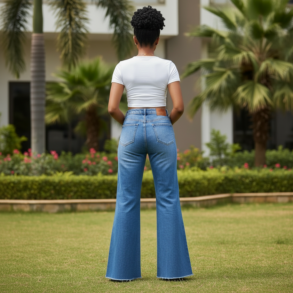 Blue Extreme Wide-Leg Flare Jeans - Nigerian Female Model Back View