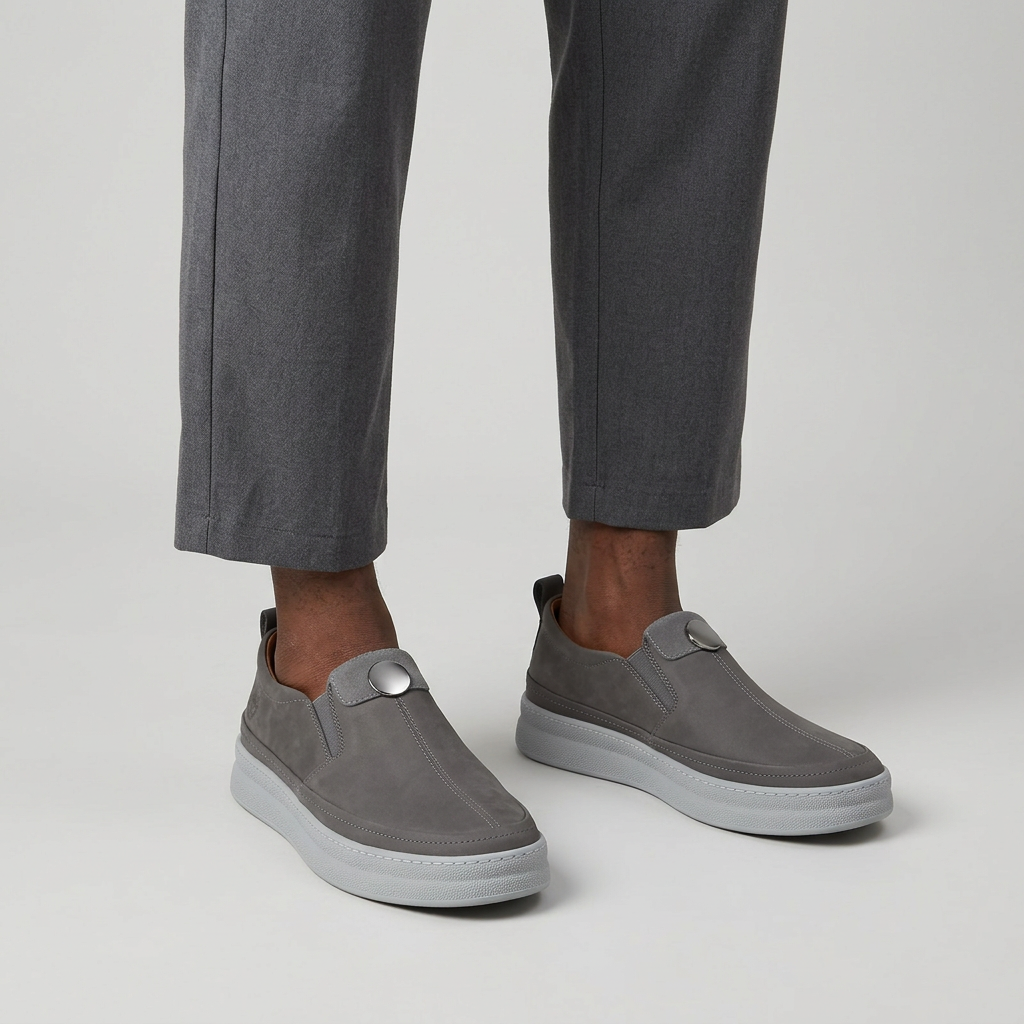 Men's grey slip-on sneakers with chunky platform sole worn with relaxed-fit trousers, plain studio background