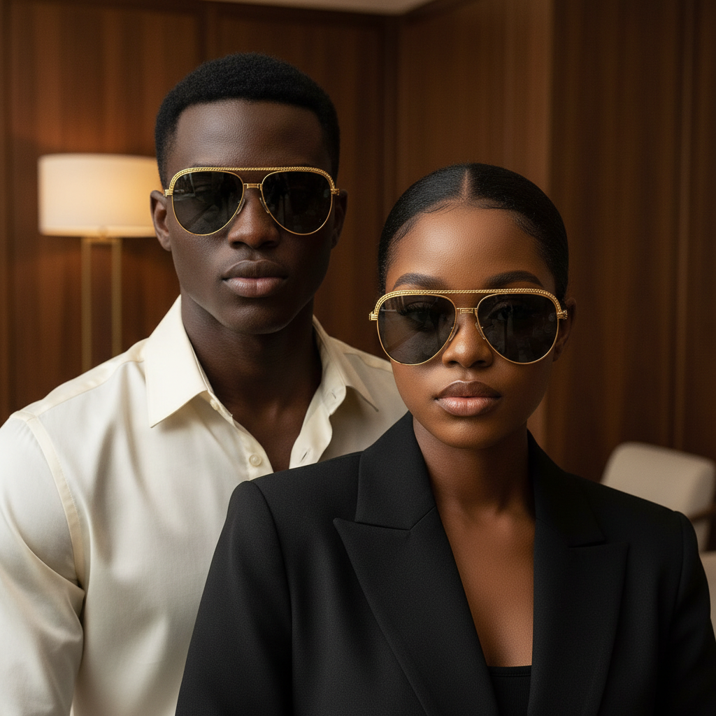 Ornate Brow Bar Aviator Sunglasses Gold Smoke – Unisex Model Shot Together