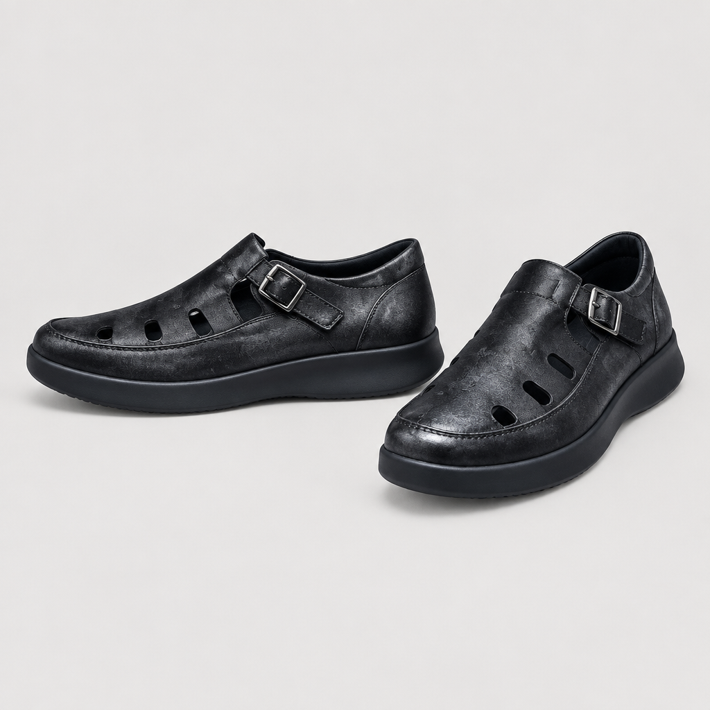Men's black cutout strap shoes with rounded toe and buckle detail