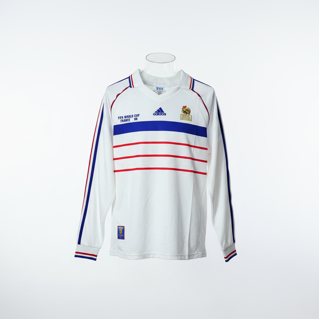 White long-sleeve retro football jersey with blue and red chest bands and V-neck collar, ghost mannequin front view