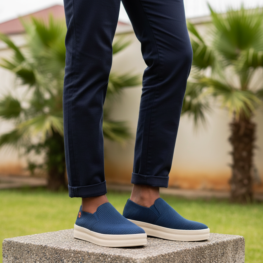 Nigerian male model wearing men's navy blue knit slip-on platform sneakers, garden setting
