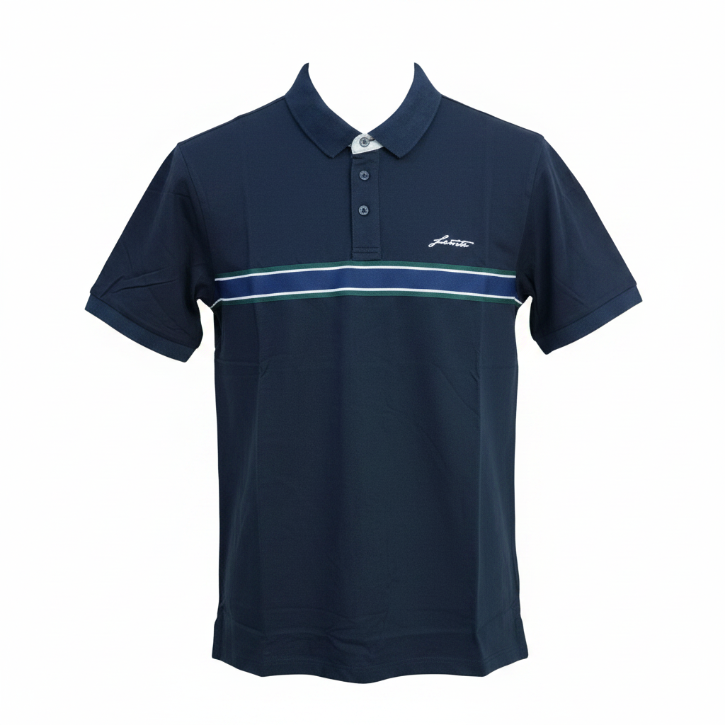 Men's navy polo shirt with white and green chest stripe, ghost mannequin front view