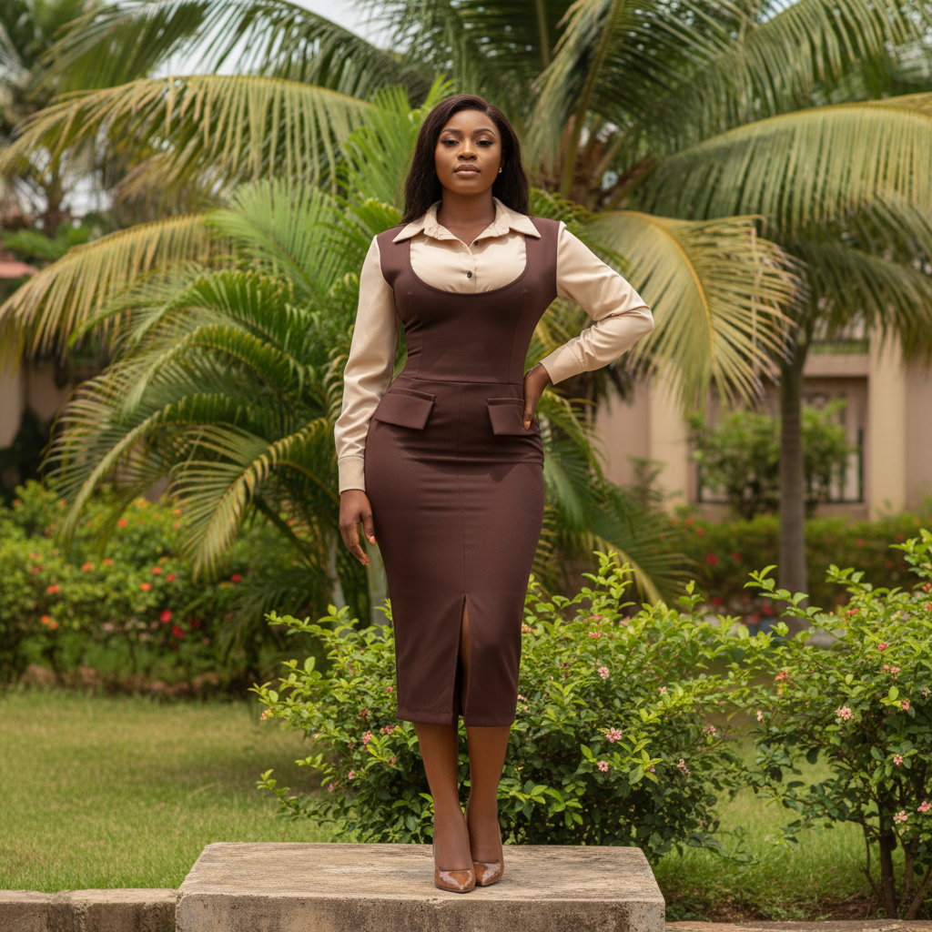 Women's Chocolate Brown & Cream Layered Corset Midi Dress – Nigerian Female Model Shot