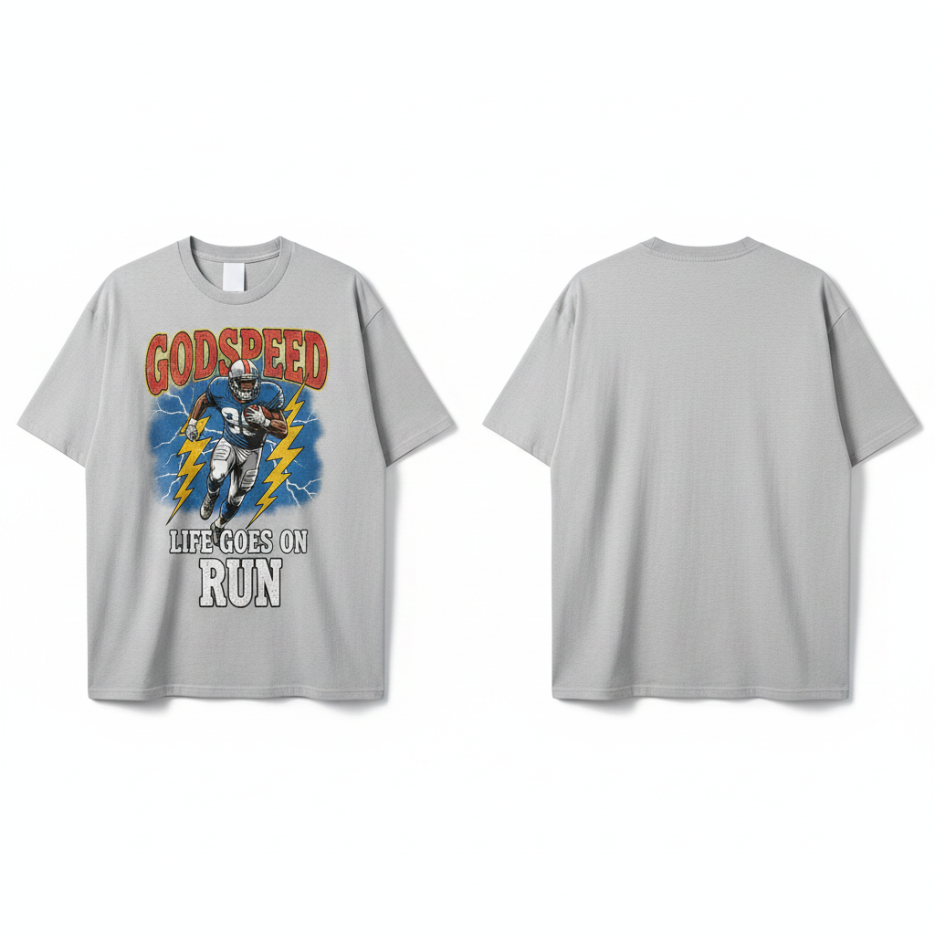 Men's light grey short-sleeve vintage sports graphic tee ghost mannequin front and back view