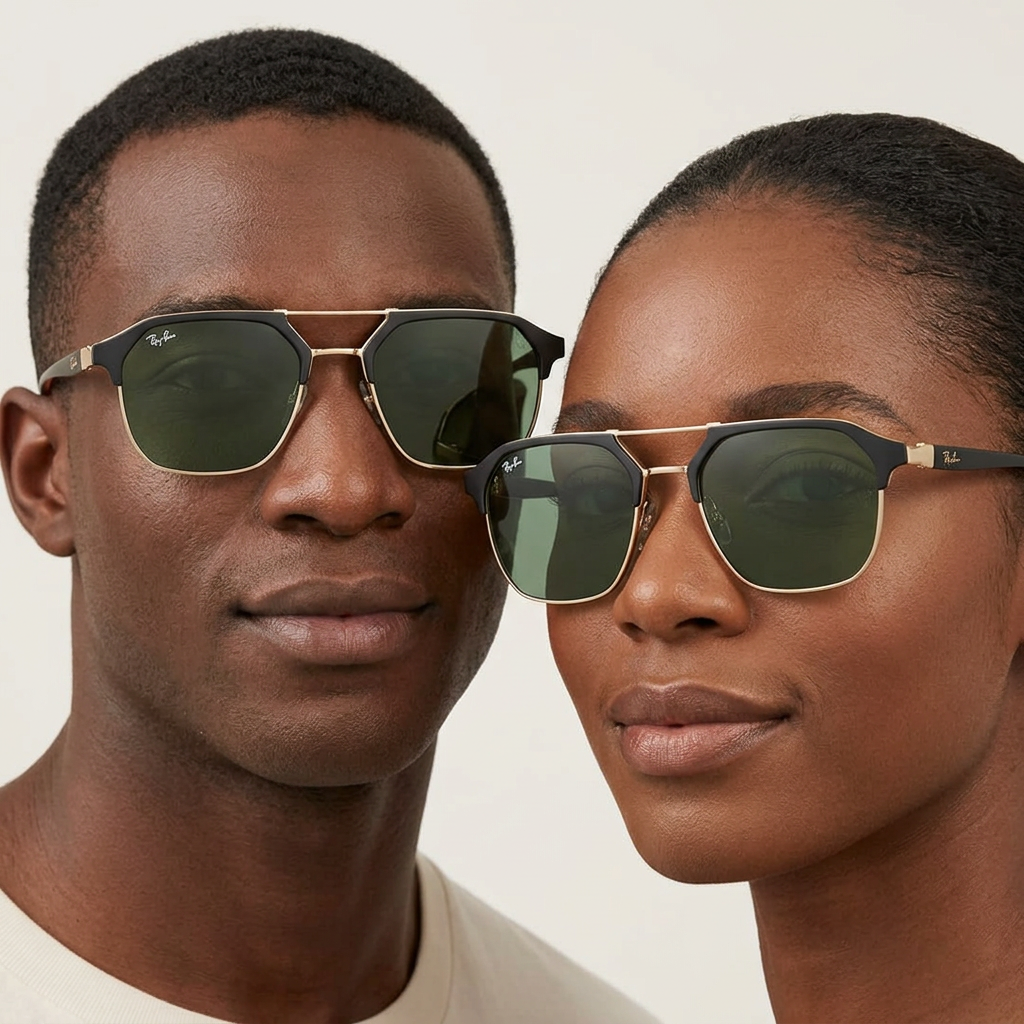 AI-generated adults wearing black and gold-tone green double-bridge sunglasses