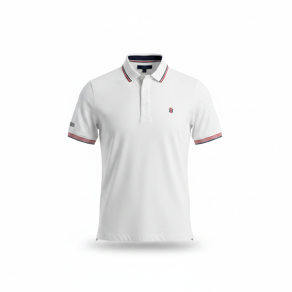 Ghost mannequin view of white polo shirt with navy and red stripe collar and cuffs