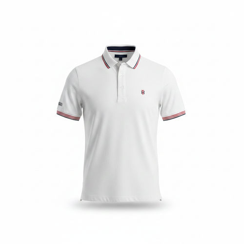 Ghost mannequin view of white polo shirt with navy and red stripe collar and cuffs