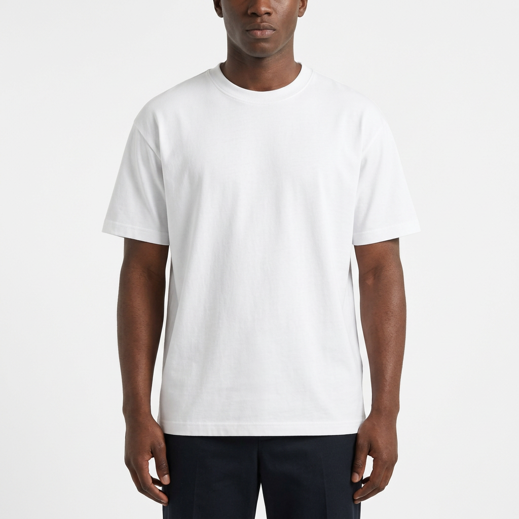 Black male model wearing the plain white crew-neck T-shirt