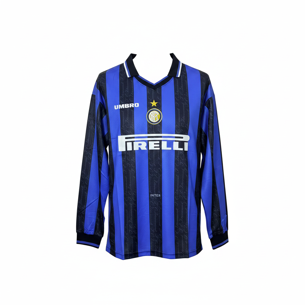 Royal blue and black textured stripe long-sleeve retro football jersey — ghost mannequin front view