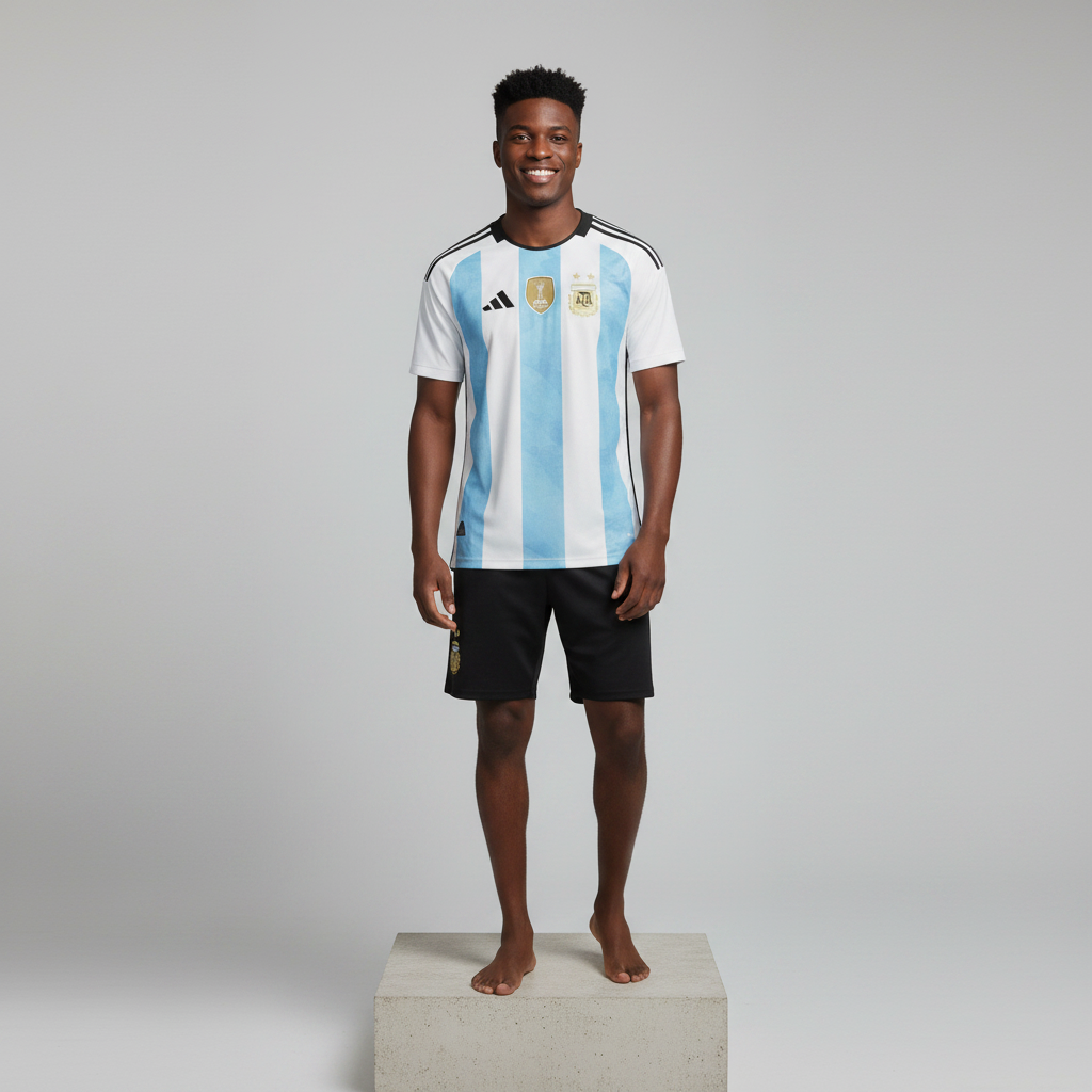 Nigerian male model wearing white sky blue stripe home football jersey on concrete plinth
